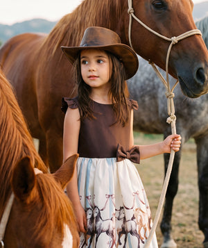 Altai Morin girls bow dress with chocolate bodice, equestrian horse print skirt and statement waist bow by Mama Luma.