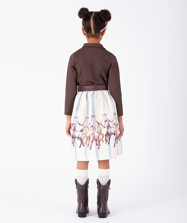 Back view of Altai Morin Skirt Girls Outfit with chocolate long-sleeve top and equestrian horse skirt for girls ages 3 to 12 by Mama Luma.