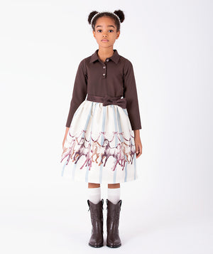 Front view of Altai Morin Skirt Girls Outfit with chocolate collared top and horse motif skirt for girls ages 3 to 12 by Mama Luma.