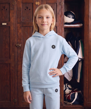 Front view of Baby Blue Cotton Girls Hoodie in baby blue cotton for babies ages 1 to 3, a premium children’s design by Mama Luma