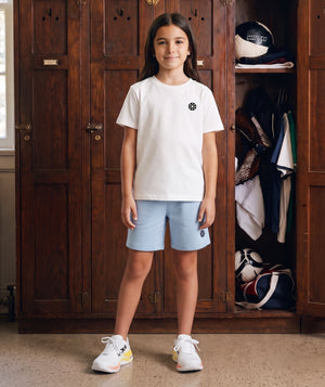 Front view of Baby Blue Cotton Girls Shorts in baby blue cotton for babies ages 1 to 3, a premium children’s design by Mama Luma