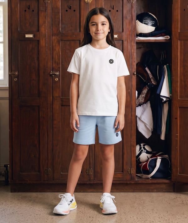 Front view of Baby Blue Cotton Girls Shorts in baby blue cotton for babies ages 1 to 3, a premium children’s design by Mama Luma