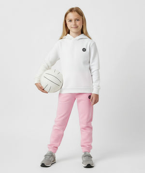 Girls white active hoodie and pink joggers set by GoldenCubs, styled for play, school, weekend outings, and sports activities; available in sizes 3–14 years.