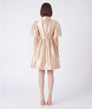 asian women wearing gold brooch womens special occasion dress back shot