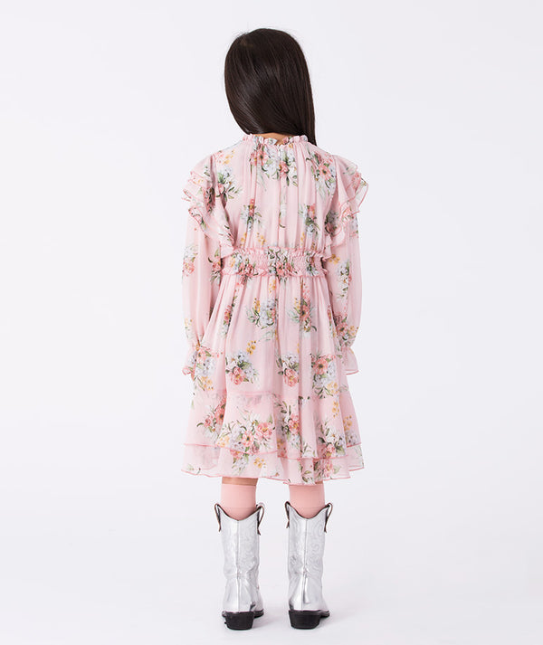 Back view of Mama Luma Chiffon Flower Dress — floral chiffon luxury girls dress for Easter, birthdays and spring parties