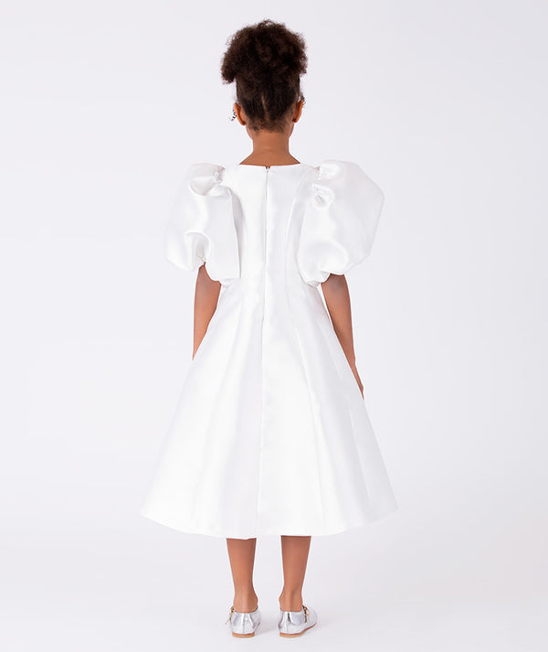Back view of Balloon Sleeve Mikado Girls Dress in ivory for girls ages 3 to 12, showing the silhouette and refined construction
