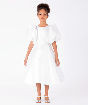 Front view of Balloon Sleeve Mikado Girls Dress in ivory for girls ages 3 to 12, a premium children’s design by Mama Luma