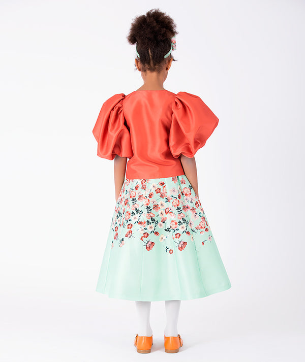 Back view of Balloon Sleeves Girls Outfit | 2 Pieces in mint green for girls ages 3 to 12, showing the silhouette and refined construction