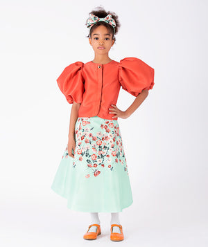 Front view of Balloon Sleeves Girls Outfit | 2 Pieces in mint green for girls ages 3 to 12, a premium children’s design by Mama Luma