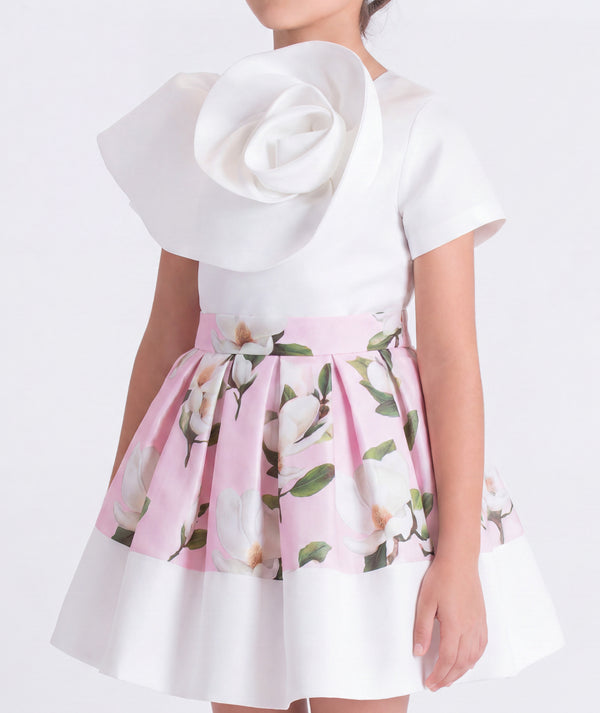 Close-up of Mama Luma girls outfit highlighting puff sleeves, floral skirt detail, and premium cotton fabric, perfect for celebrations and formal events, sizes 3–12