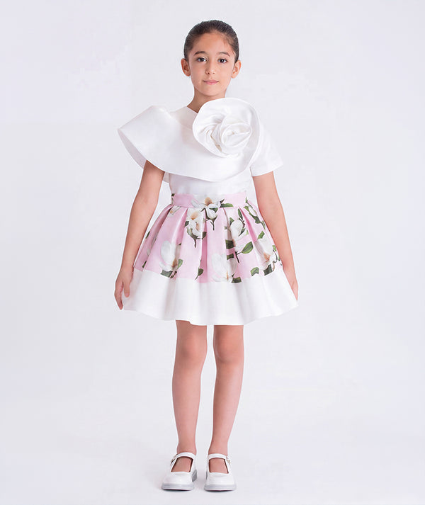 Girls ivory and floral matching outfit by Mama Luma featuring a puff-sleeve top and full skirt, ideal for birthdays, weddings, and special occasions, available in sizes 3–12