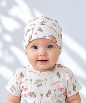 Pool Party print baby beanie, soft headwear for everyday baby outfits.