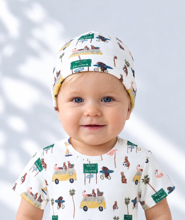 Road Trip print baby beanie, comfortable baby headwear.