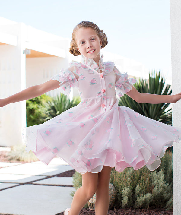 pink organza dress with peony prints