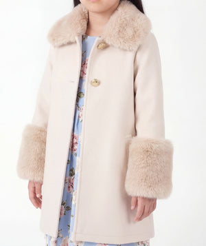Beige girls luxury coat with plush faux fur collar and cuffs, gold tone buttons and elegant winter styling by Mama Luma