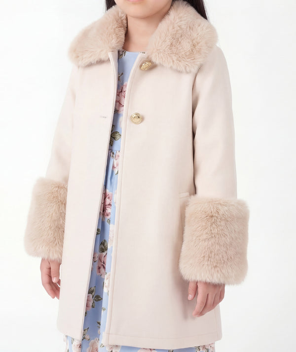 Beige girls luxury coat with plush faux fur collar and cuffs, gold tone buttons and elegant winter styling by Mama Luma