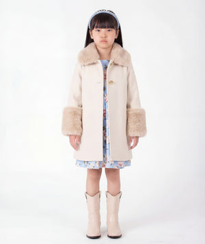 Luxury beige girls coat featuring faux fur trims, long sleeves and gold tone buttons for weddings, holidays and special occasions