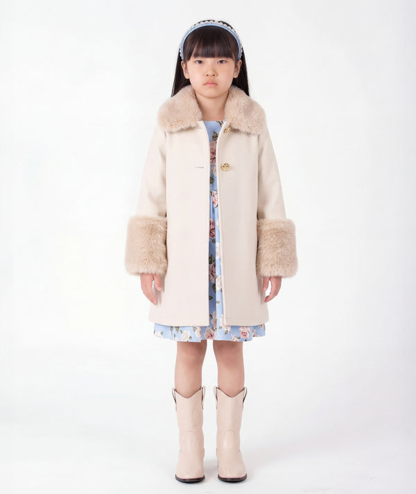 Luxury beige girls coat featuring faux fur trims, long sleeves and gold tone buttons for weddings, holidays and special occasions