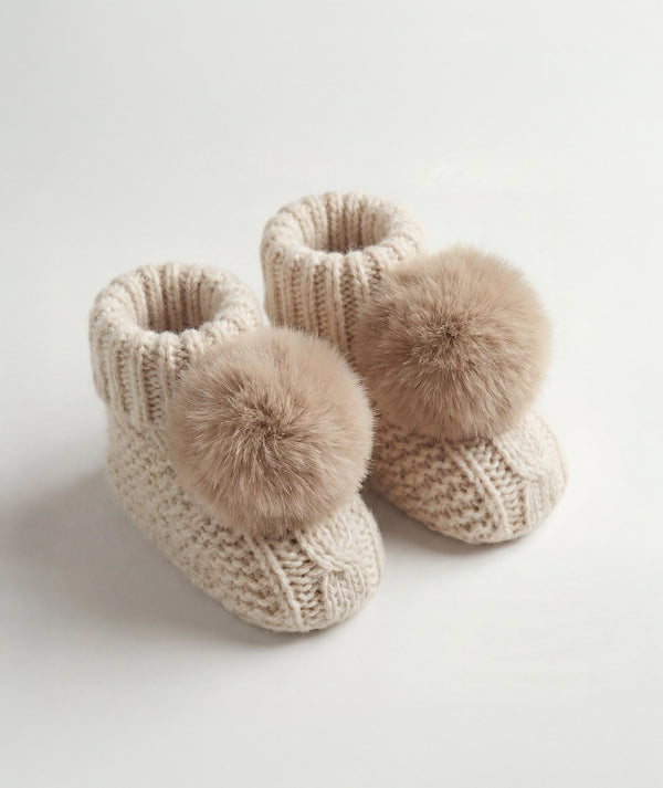 Warm Beige Pom Newborn Baby Booties