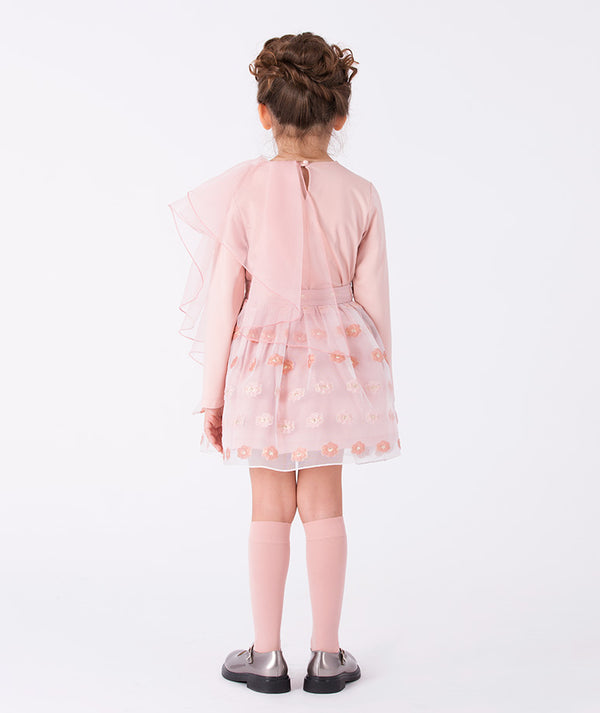 Back view of blush embroidered tulle girls skirt with delicate floral details, elegant knee-length skirt for girls special occasions