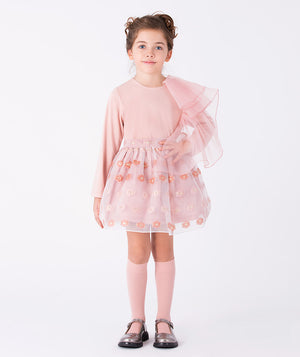 Blush Meadow embroidered girls tulle skirt with floral embroidery paired with blush long sleeve top, elegant birthday and wedding outfit for girls