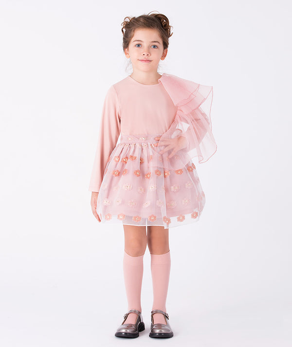 Blush Meadow embroidered girls tulle skirt with floral embroidery paired with blush long sleeve top, elegant birthday and wedding outfit for girls