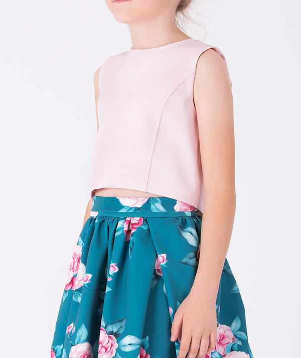 Elegant blush pink blouse paired with a teal floral skirt for girls, perfect for birthdays, spring events, and family gatherings — available in sizes 3–12Y