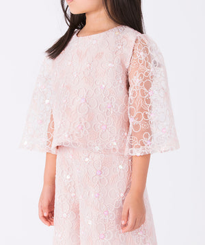 Mama Luma girls embroidered lace blouse with flared sleeves and matching pants — elegant pink outfit for Easter, Christmas, and festive celebrations