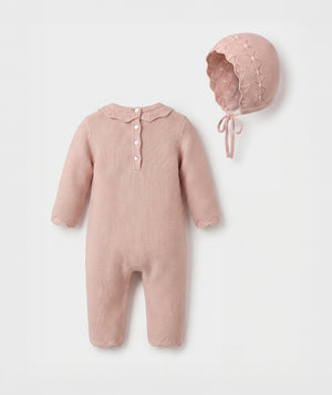 Blush diamond knit baby romper with matching bonnet luxury heirloom baby outfit perfect for special occasions