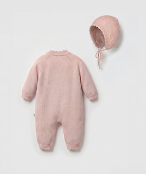 Blush tulip knit baby romper with matching bonnet luxury baby knit set perfect for special occasions