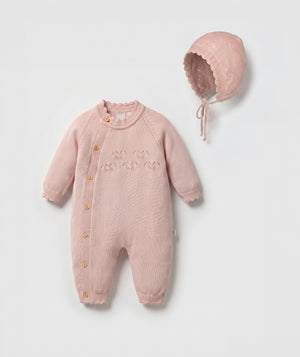 Blush tulip knit baby romper with matching bonnet luxury baby knit set perfect for special occasions