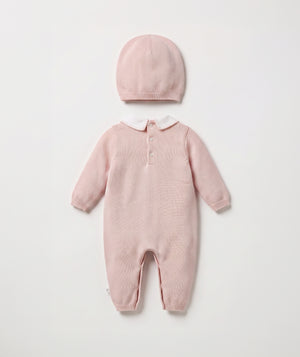 Blush bow knit baby romper with matching beanie luxury baby outfit with Peter Pan collar perfect for special occasions