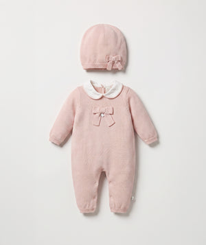 Blush bow knit baby romper with matching beanie luxury baby outfit with Peter Pan collar perfect for special occasions