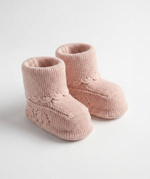 Blush pink pointelle knit baby booties luxury newborn knit footwear perfect for special occasions