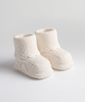 Ivory pointelle knit baby booties luxury newborn knit footwear perfect for special occasions
