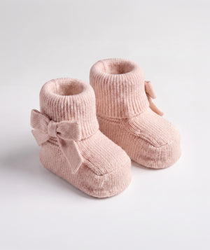 Blush bow knit baby booties luxury newborn knit footwear perfect for special occasions
