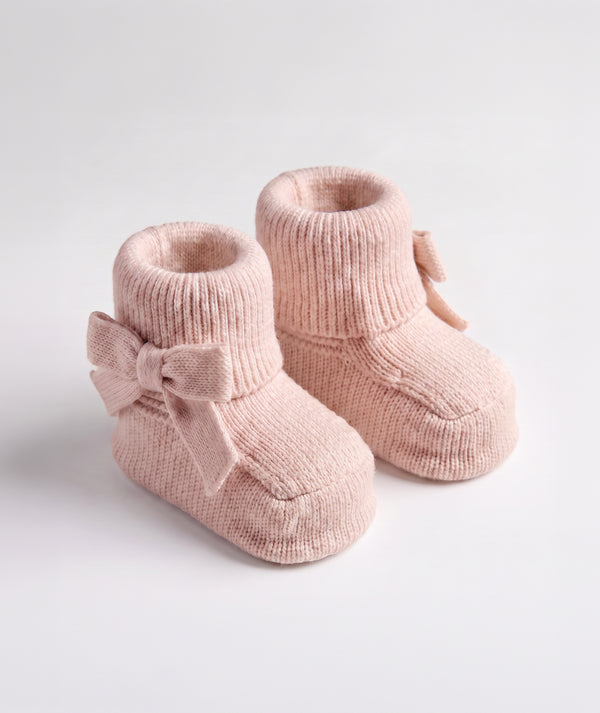 Blush bow knit baby booties luxury newborn knit footwear perfect for special occasions