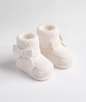 Ivory bow knit baby booties luxury newborn knit footwear perfect for special occasions