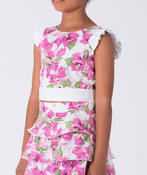 Front view of Bougainvillea Bloom Blouse in white, showing overall silhouette and styling