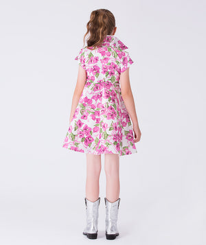 Luxury girls occasion dress with all-over bougainvillea floral print, sleeveless cut and flared skirt, shown from the back for special events and formal celebrations