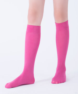 Front view of fuchsia knee-high socks for toddlers and girls, breathable cotton blend, durable and versatile for school, birthdays, and occasions.