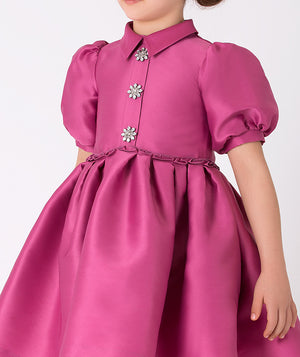 burgundy balloon sleeve crystal buttoned dress