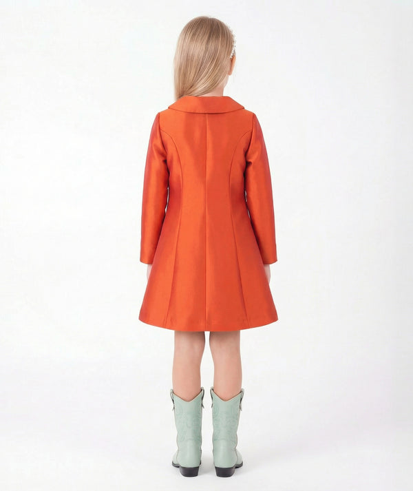 Back view of Button-Front Girls Twill Dress in coral for girls ages 3 to 12, showing the silhouette and refined construction