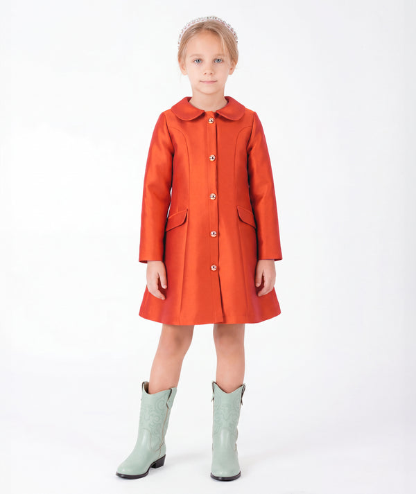 Front view of Button-Front Girls Twill Dress in coral for girls ages 3 to 12, a premium children’s design by Mama Luma