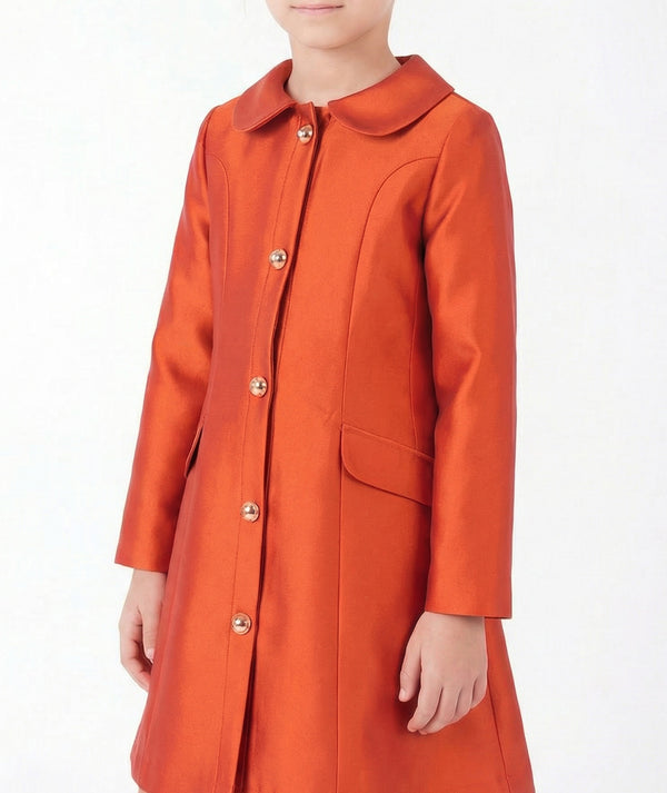 Front view of Button-Front Girls Twill Dress in coral for girls ages 3 to 12, a premium children’s design by Mama Luma, image 2