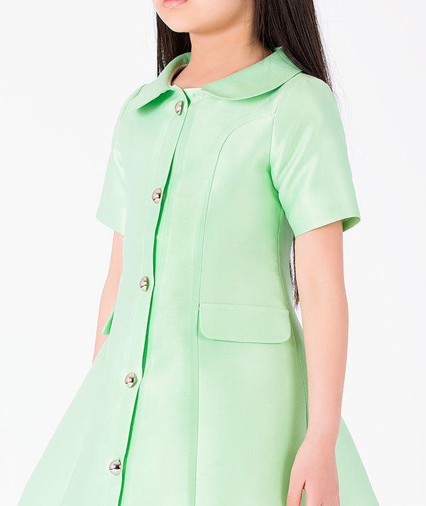 Front view of Button-Front Girls Twill Dress in mint green for girls ages 3 to 12, a premium children’s design by Mama Luma, image 2
