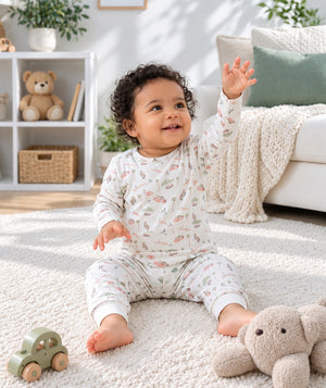 Baby loungewear outfit photographed in a casual lifestyle setting, view one.