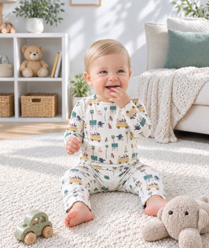 Baby loungewear outfit photographed in a casual lifestyle setting, view two.