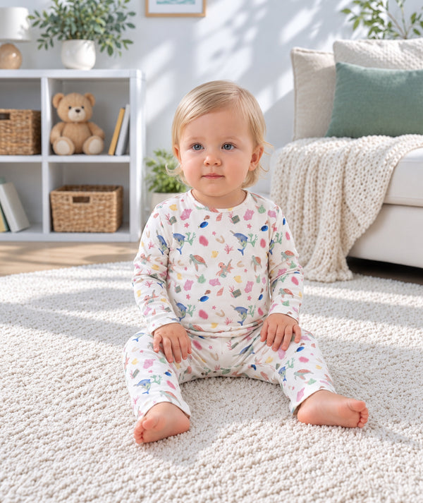 Baby loungewear outfit photographed in a casual lifestyle setting, view three.