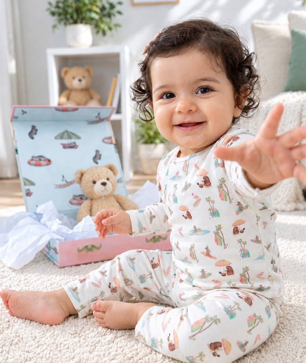 Baby loungewear outfit photographed in a casual lifestyle setting, view four.
